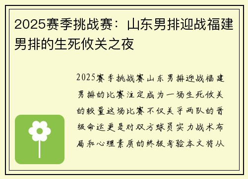 2025赛季挑战赛：山东男排迎战福建男排的生死攸关之夜